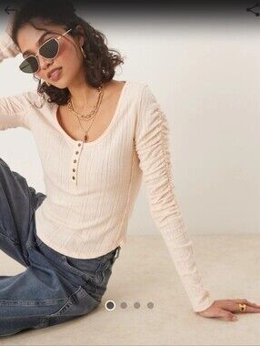 We The Free Hope Henley Ribbed Long Sleeve Top, Light Pink, Size M